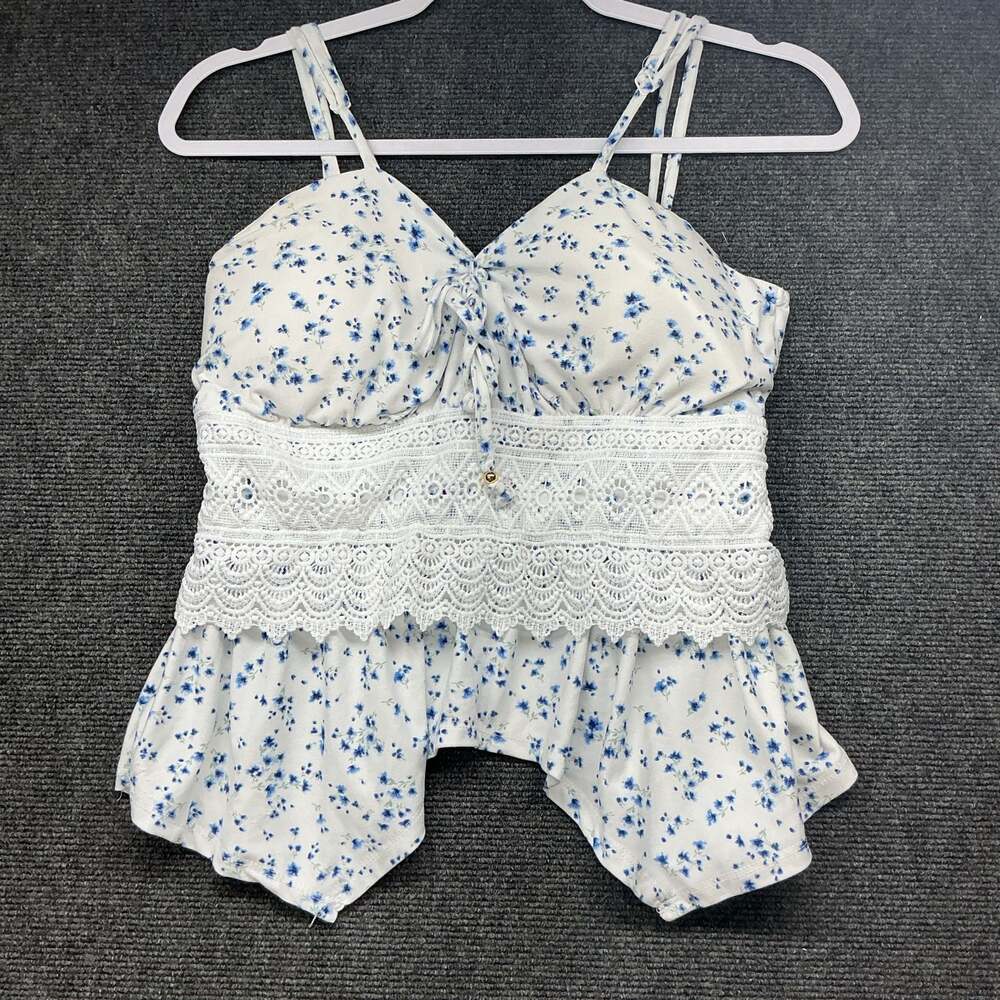 Y2K Derek Heart Blue Floral Babydoll Tank Top Handkerchief Hem Size XL